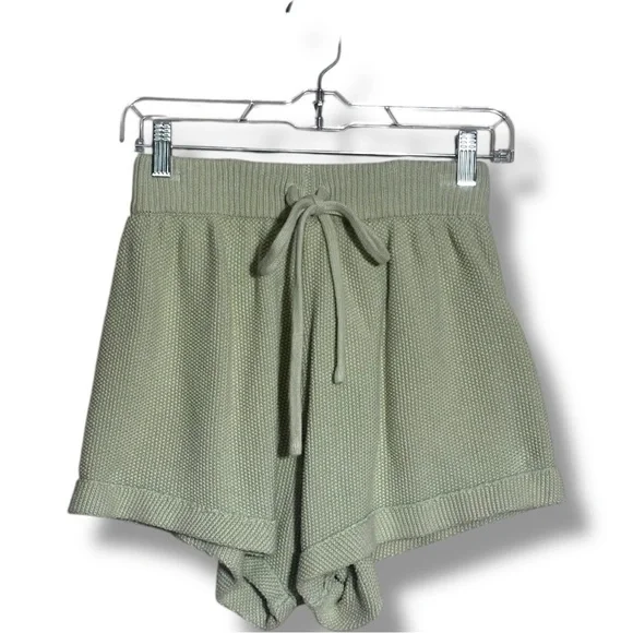 Lily High Waist Mint Green/Cream Elastic Waist With Drawstring Knit Micro Shorts - Picture 3 of 11